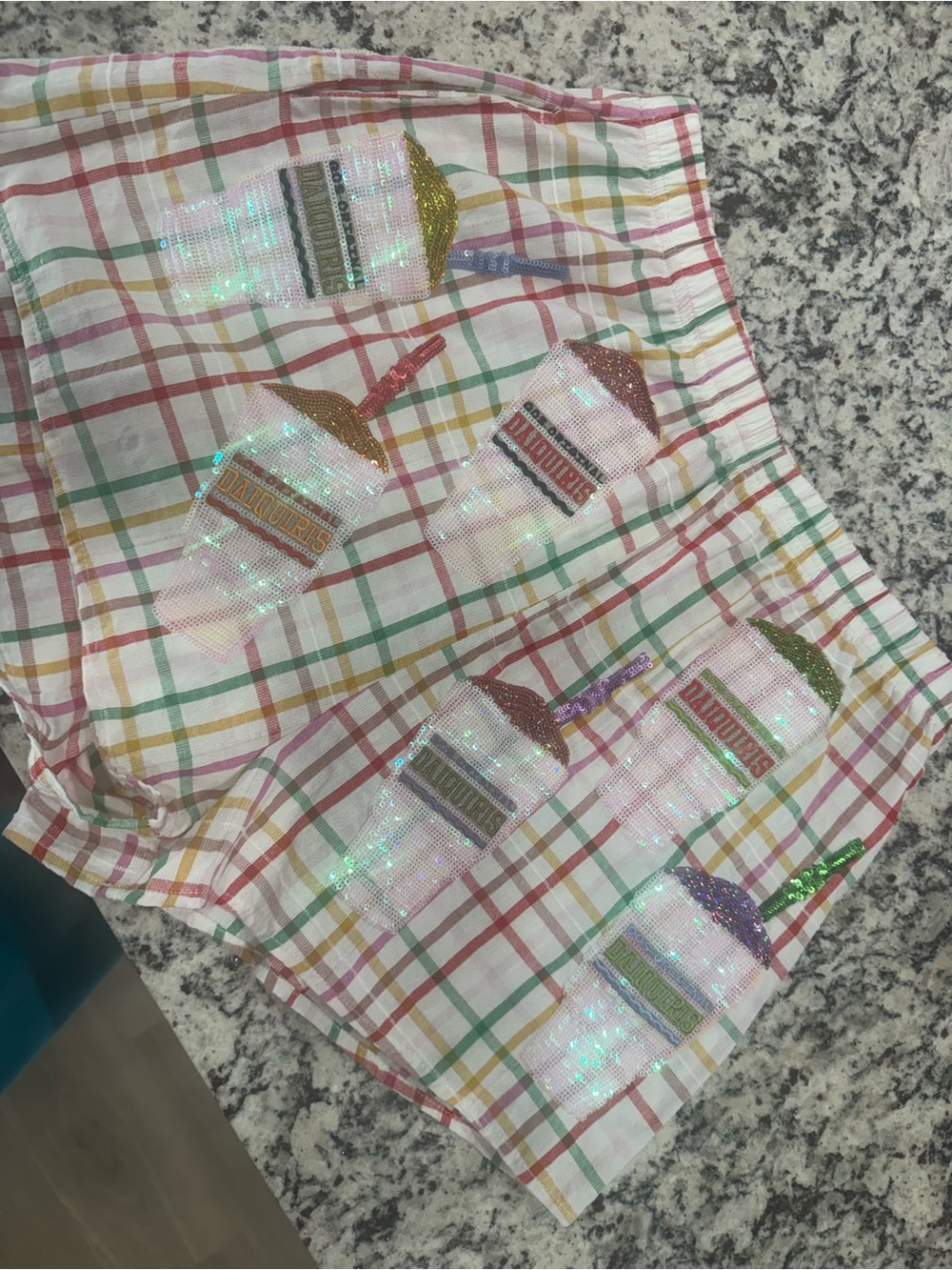 QUEEN OF SPARKLES Multicolor Plaid Sequin Beverage Patch High Waist Shorts